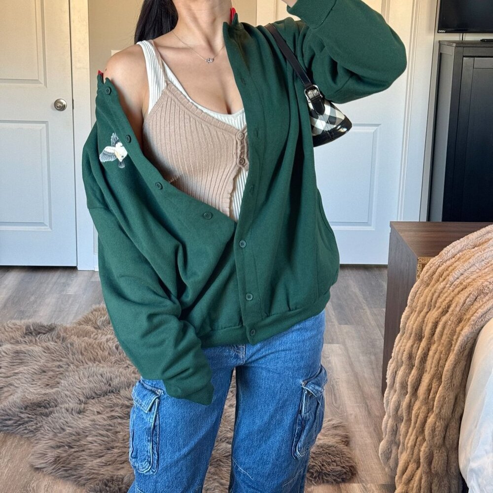 Vintage Morning Sun Sweatshirt Button Front Grandma Chic Green Cottagecore USA